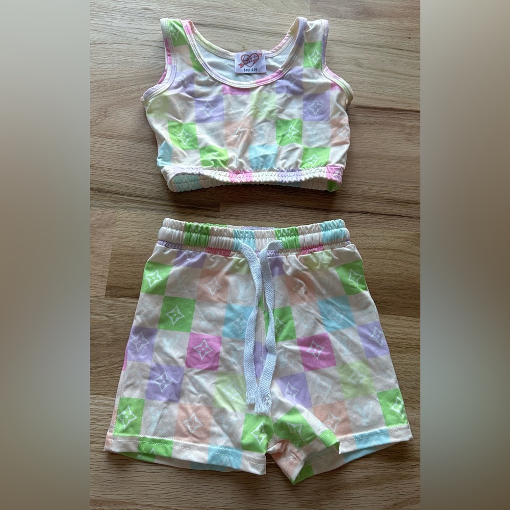 Handmade- Colorful Checkered Crop Top and Short Set